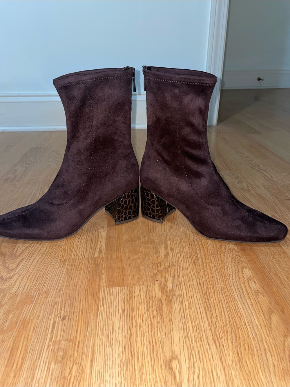 Donald Pliner Dark Brown Suede Ankle Booties with Textured Block Heel